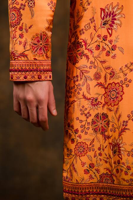 Char Chaand_Orange Satin, Silk Embroidery Bahar Print Kurta_at_Aza_Fashions