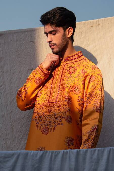 Shop_Char Chaand_Orange Satin, Silk Embroidery Bahar Print Kurta