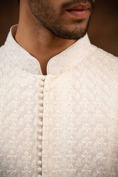 Shop_Char Chaand_White Georgette Embroidery Florin Thread Kurta_Online_at_Aza_Fashions