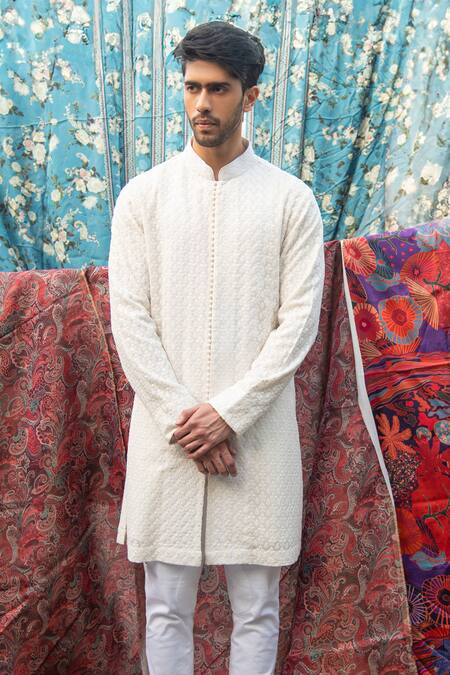 Shop_Char Chaand_White Georgette Embroidery Florin Thread Kurta