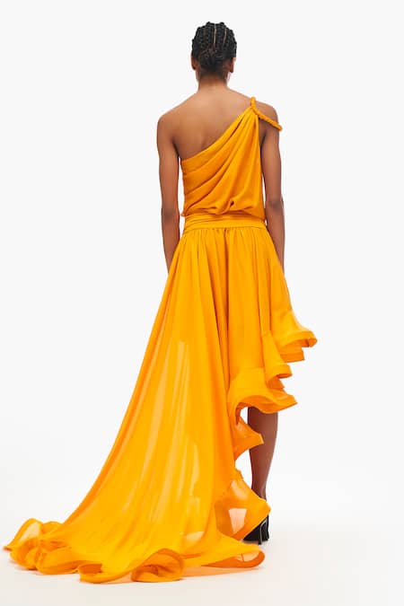 Shop Gauri & Nainika Yellow Chiffon One Shoulder Asymmetric Dress at Aza Fashions Shop_Gauri & Nainika_Yellow Chiffon One Shoulder Asymmetric Dress _at_Aza_Fashions