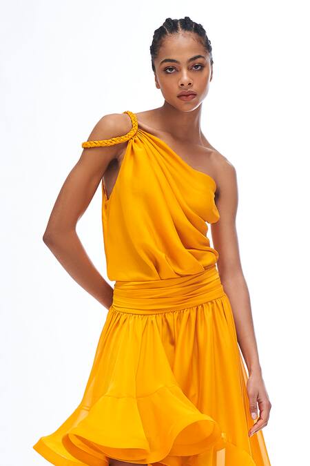 Gauri & Nainika Yellow Chiffon One Shoulder Asymmetric Dress Online at Aza Fashions Gauri & Nainika_Yellow Chiffon One Shoulder Asymmetric Dress _Online_at_Aza_Fashions