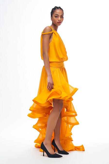 Buy Gauri & Nainika Yellow Chiffon One Shoulder Asymmetric Dress Online at Aza Fashions Buy_Gauri & Nainika_Yellow Chiffon One Shoulder Asymmetric Dress _Online_at_Aza_Fashions