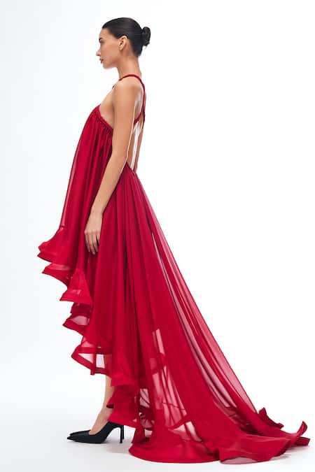 Gauri & Nainika Red Chiffon Halter Neck Asymmetric Dress Online at Aza Fashions Gauri & Nainika_Red Chiffon Halter Neck Asymmetric Dress _Online_at_Aza_Fashions