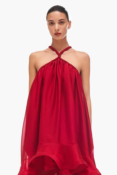 Buy Gauri & Nainika Red Chiffon Halter Neck Asymmetric Dress Online at Aza Fashions Buy_Gauri & Nainika_Red Chiffon Halter Neck Asymmetric Dress _Online_at_Aza_Fashions