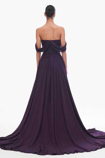 Shop Gauri & Nainika Purple Chiffon Plunge Neck Off Shoulder Corseted Gown at Aza Fashions Shop_Gauri & Nainika_Purple Chiffon Plunge Neck Off Shoulder Corseted Gown _at_Aza_Fashions