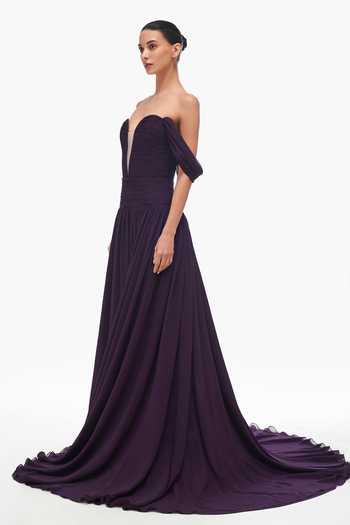 Gauri & Nainika Purple Chiffon Plunge Neck Off Shoulder Corseted Gown Online at Aza Fashions Gauri & Nainika_Purple Chiffon Plunge Neck Off Shoulder Corseted Gown _Online_at_Aza_Fashions