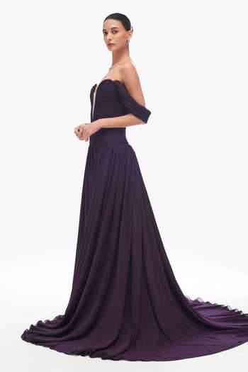 Buy Gauri & Nainika Purple Chiffon Plunge Neck Off Shoulder Corseted Gown Online at Aza Fashions Buy_Gauri & Nainika_Purple Chiffon Plunge Neck Off Shoulder Corseted Gown _Online_at_Aza_Fashions