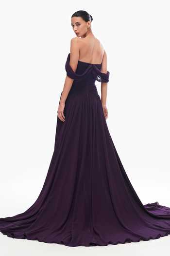 Shop Gauri & Nainika Purple Chiffon Plunge Neck Off Shoulder Corseted Gown Online at Aza Fashions Shop_Gauri & Nainika_Purple Chiffon Plunge Neck Off Shoulder Corseted Gown _Online_at_Aza_Fashions