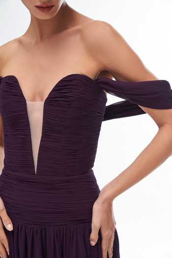 Gauri & Nainika Purple Chiffon Plunge Neck Off Shoulder Corseted Gown at Aza Fashions Gauri & Nainika_Purple Chiffon Plunge Neck Off Shoulder Corseted Gown _at_Aza_Fashions