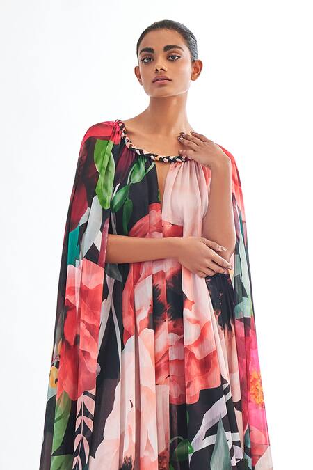 Gauri & Nainika_Black Chiffon Boat Neck Trapeze Gown _Online_at_Aza_Fashions