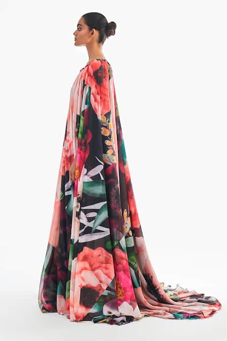 Buy_Gauri & Nainika_Black Chiffon Boat Neck Trapeze Gown _Online_at_Aza_Fashions