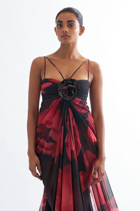 Gauri & Nainika_Black Chiffon Embroidery Sweetheart Neck Empire Cut Draped Gown _Online_at_Aza_Fashions