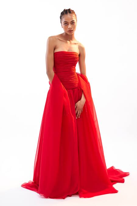 Gauri & Nainika Red Chiffon Off-shoulder Strapless Drop Waisted Gown Online at Aza Fashions Gauri & Nainika_Red Chiffon Off-shoulder Strapless Drop Waisted Gown _Online_at_Aza_Fashions