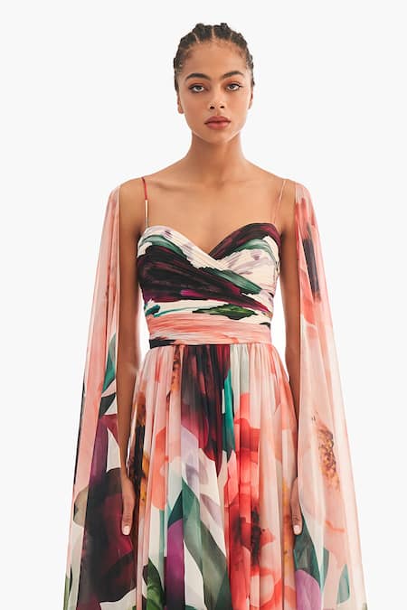 Gauri & Nainika_Multi Color Chiffon Sweetheart Neck Printed Spaghetti Strap Gown _Online_at_Aza_Fashions
