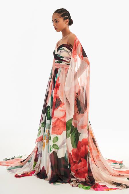 Shop_Gauri & Nainika_Multi Color Chiffon Sweetheart Neck Printed Spaghetti Strap Gown _Online_at_Aza_Fashions