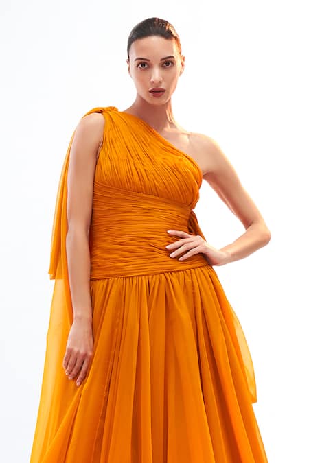 Gauri & Nainika_Yellow Chiffon One Shoulder Draped Gown _Online_at_Aza_Fashions