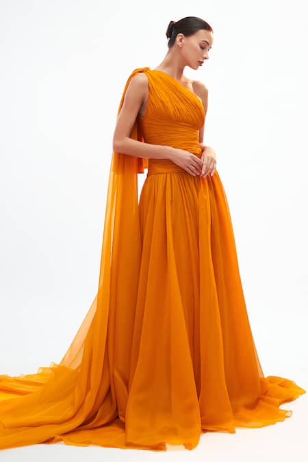 Buy_Gauri & Nainika_Yellow Chiffon One Shoulder Draped Gown _Online_at_Aza_Fashions