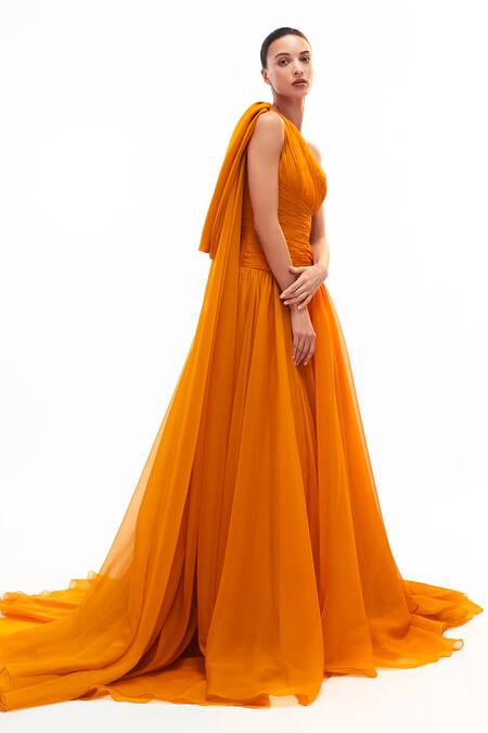 Shop_Gauri & Nainika_Yellow Chiffon One Shoulder Draped Gown _Online_at_Aza_Fashions