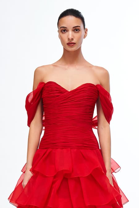 Gauri & Nainika_Red Chiffon Sweetheart Neck Off Shoulder Tiered Gown _Online_at_Aza_Fashions