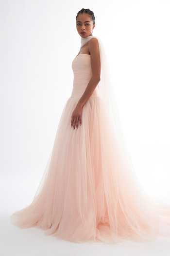Gauri & Nainika_Pink Net Off-shoulder Strapless Tulle Gown _at_Aza_Fashions