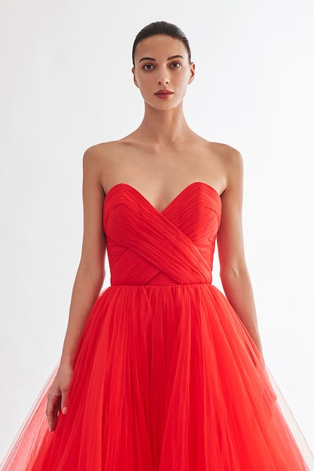 Gauri & Nainika_Red Net Sweetheart Neck Gown _Online_at_Aza_Fashions