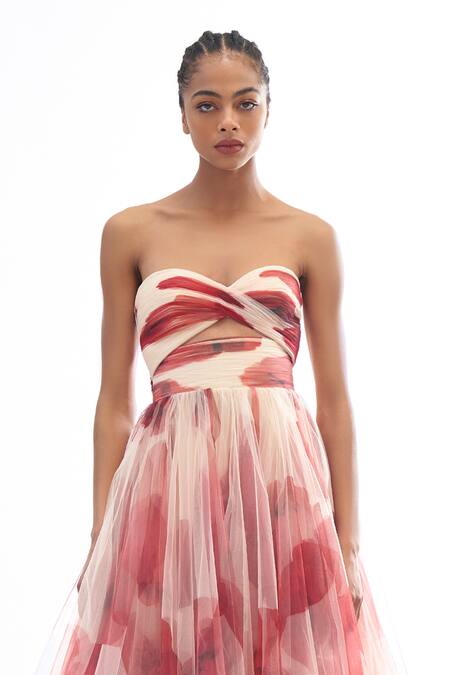 Gauri & Nainika_Cream Net Sweetheart Neck Peony Printed Gown _Online_at_Aza_Fashions
