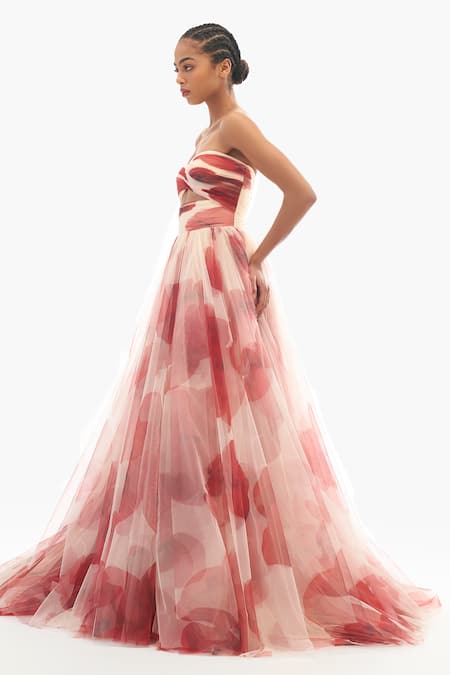 Buy_Gauri & Nainika_Cream Net Sweetheart Neck Peony Printed Gown _Online_at_Aza_Fashions