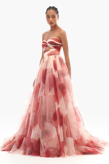 Shop_Gauri & Nainika_Cream Net Sweetheart Neck Peony Printed Gown _Online_at_Aza_Fashions