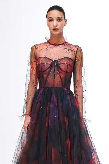 Gauri & Nainika_Blue Net Sequins, Embroidery Round Neck Gown _Online_at_Aza_Fashions