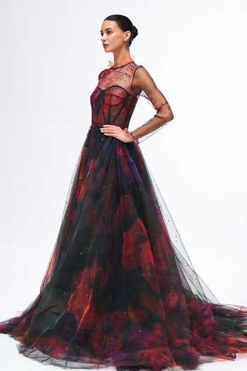 Buy_Gauri & Nainika_Blue Net Sequins, Embroidery Round Neck Gown _Online_at_Aza_Fashions