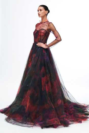 Shop_Gauri & Nainika_Blue Net Sequins, Embroidery Round Neck Gown _Online_at_Aza_Fashions
