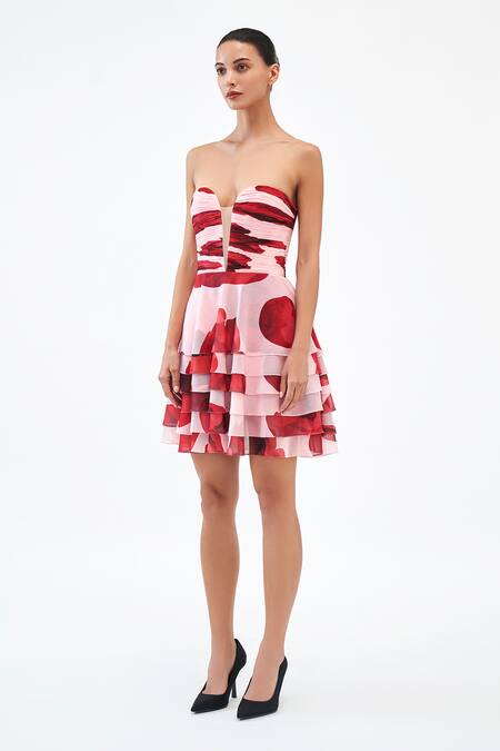 Gauri & Nainika Pink Chiffon Plunge Neck Floating Peony Printed Dress Online at Aza Fashions Gauri & Nainika_Pink Chiffon Plunge Neck Floating Peony Printed Dress _Online_at_Aza_Fashions