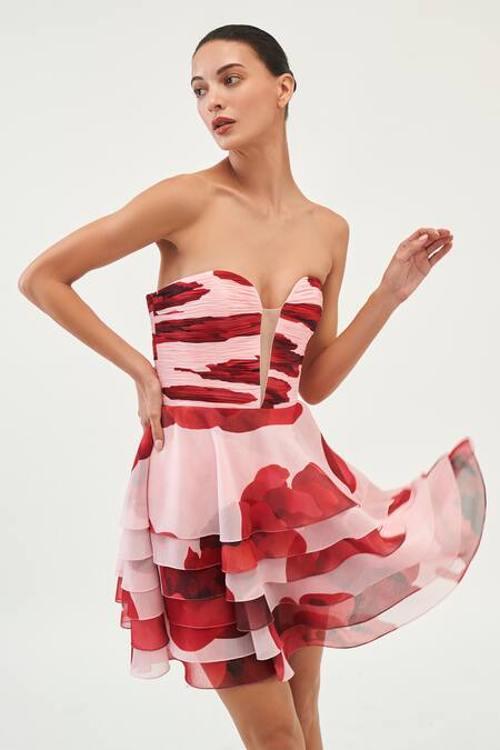 Buy Gauri & Nainika Pink Chiffon Plunge Neck Floating Peony Printed Dress Online at Aza Fashions Buy_Gauri & Nainika_Pink Chiffon Plunge Neck Floating Peony Printed Dress _Online_at_Aza_Fashions