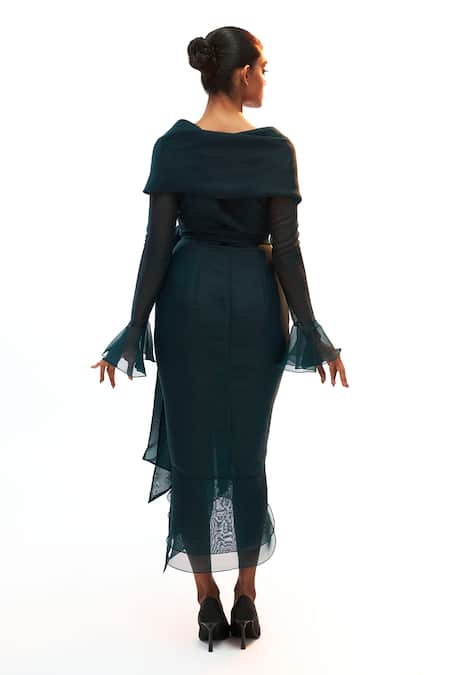 Shop Gauri & Nainika Green Organza Shawl Neck Collar Wrap Dress at Aza Fashions Shop_Gauri & Nainika_Green Organza Shawl Neck Collar Wrap Dress _at_Aza_Fashions
