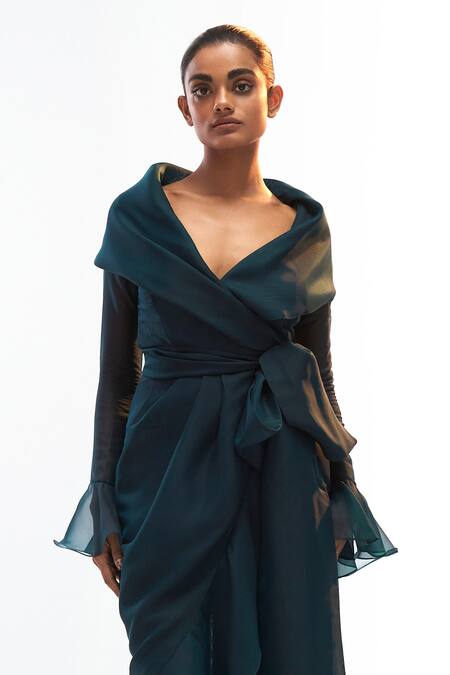 Gauri & Nainika Green Organza Shawl Neck Collar Wrap Dress Online at Aza Fashions Gauri & Nainika_Green Organza Shawl Neck Collar Wrap Dress _Online_at_Aza_Fashions