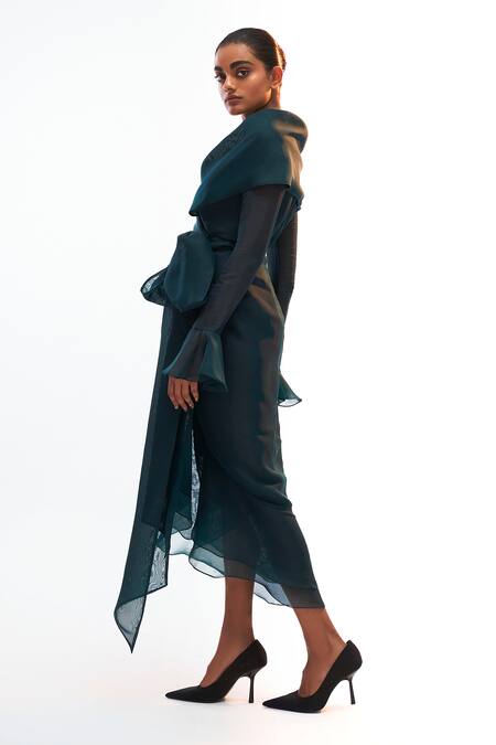 Buy Gauri & Nainika Green Organza Shawl Neck Collar Wrap Dress Online at Aza Fashions Buy_Gauri & Nainika_Green Organza Shawl Neck Collar Wrap Dress _Online_at_Aza_Fashions