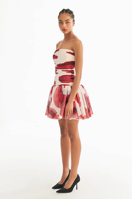 Gauri & Nainika_Ivory Chiffon Off-shoulder Ruched Short Dress _Online_at_Aza_Fashions