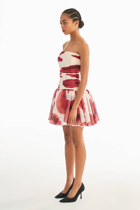 Buy_Gauri & Nainika_Ivory Chiffon Off-shoulder Ruched Short Dress _Online_at_Aza_Fashions