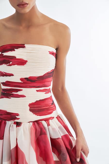 Shop_Gauri & Nainika_Ivory Chiffon Off-shoulder Ruched Short Dress _Online_at_Aza_Fashions