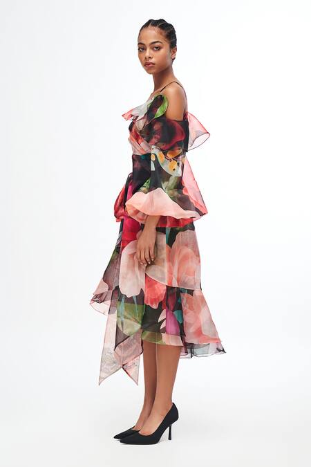 Gauri & Nainika_Black Organza Ruffles Asymmetric Neck Dress _Online_at_Aza_Fashions