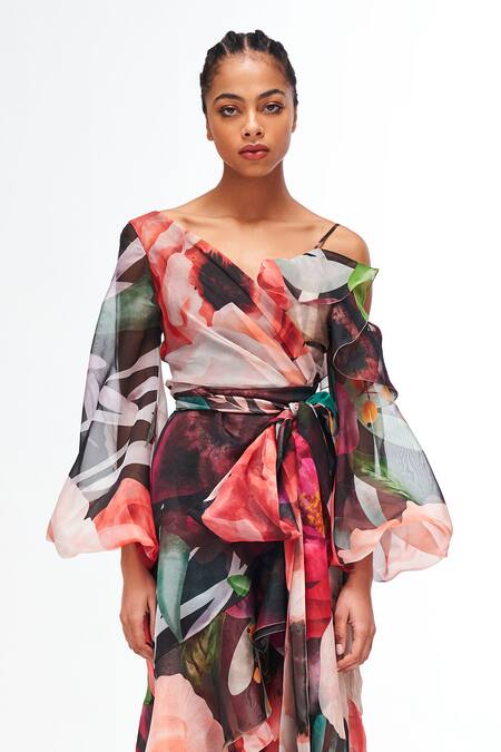 Buy_Gauri & Nainika_Black Organza Ruffles Asymmetric Neck Dress _Online_at_Aza_Fashions