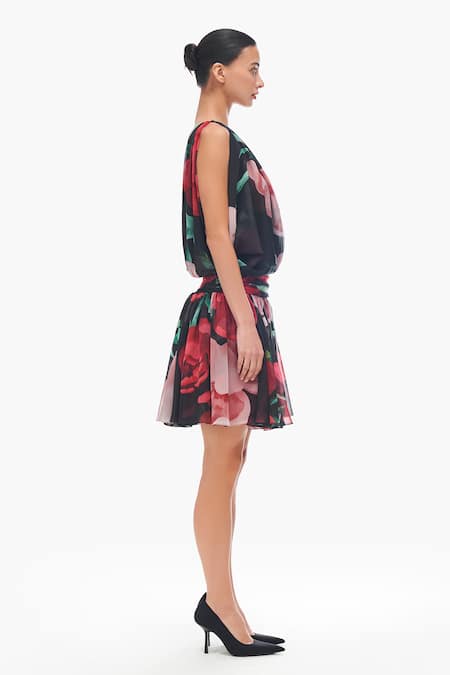 Gauri & Nainika_Pink Chiffon One Shoulder Side Cowl Dress _Online_at_Aza_Fashions