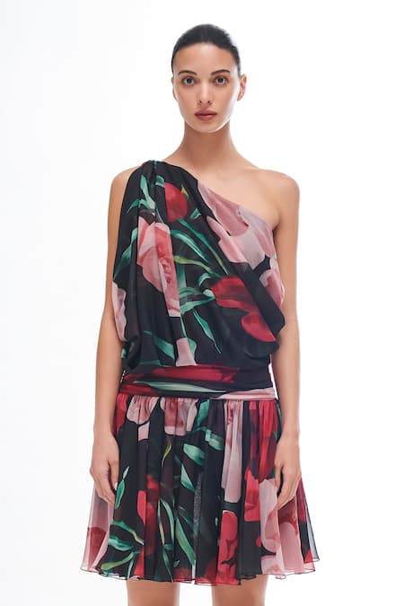 Buy_Gauri & Nainika_Pink Chiffon One Shoulder Side Cowl Dress _Online_at_Aza_Fashions