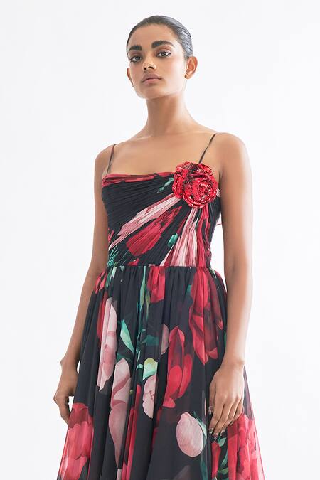 Gauri & Nainika Pink Chiffon Embroidery Square Neck Floating Peony Draped Midi Dress Online at Aza Fashions Gauri & Nainika_Pink Chiffon Embroidery Square Neck Floating Peony Draped Midi Dress _Online_at_Aza_Fashions