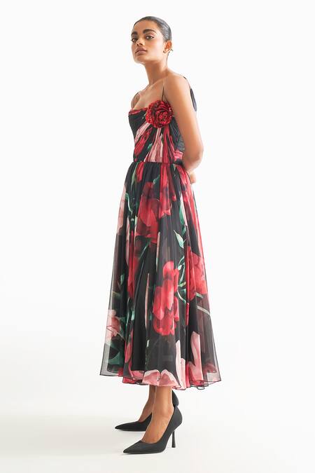 Buy Gauri & Nainika Pink Chiffon Embroidery Square Neck Floating Peony Draped Midi Dress Online at Aza Fashions Buy_Gauri & Nainika_Pink Chiffon Embroidery Square Neck Floating Peony Draped Midi Dress _Online_at_Aza_Fashions