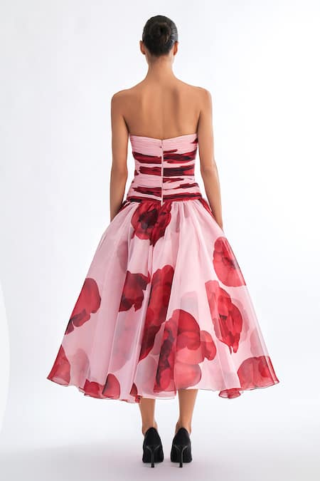 Shop_Gauri & Nainika_Pink Chiffon Fabric Flowers Sweetheart Neck Strapless Floating Peony Midi Dress _at_Aza_Fashions