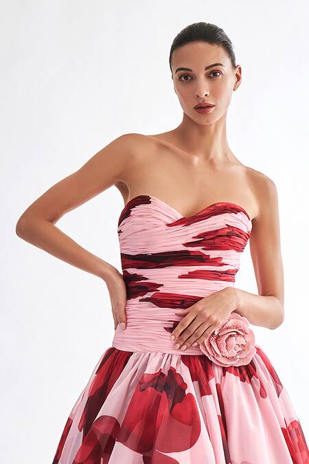 Gauri & Nainika_Pink Chiffon Fabric Flowers Sweetheart Neck Strapless Floating Peony Midi Dress _Online_at_Aza_Fashions