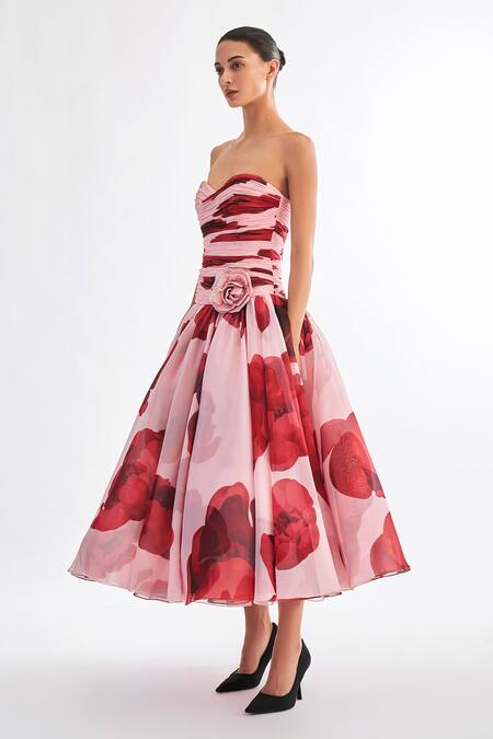 Buy_Gauri & Nainika_Pink Chiffon Fabric Flowers Sweetheart Neck Strapless Floating Peony Midi Dress _Online_at_Aza_Fashions