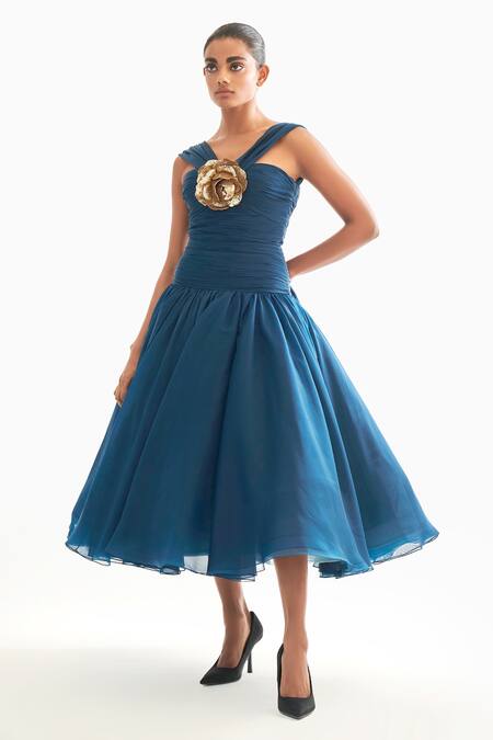 Gauri & Nainika Blue Chiffon Embroidery V-neck Drop Waisted Fluted Midi Dress Online at Aza Fashions Gauri & Nainika_Blue Chiffon Embroidery V-neck Drop Waisted Fluted Midi Dress _Online_at_Aza_Fashions